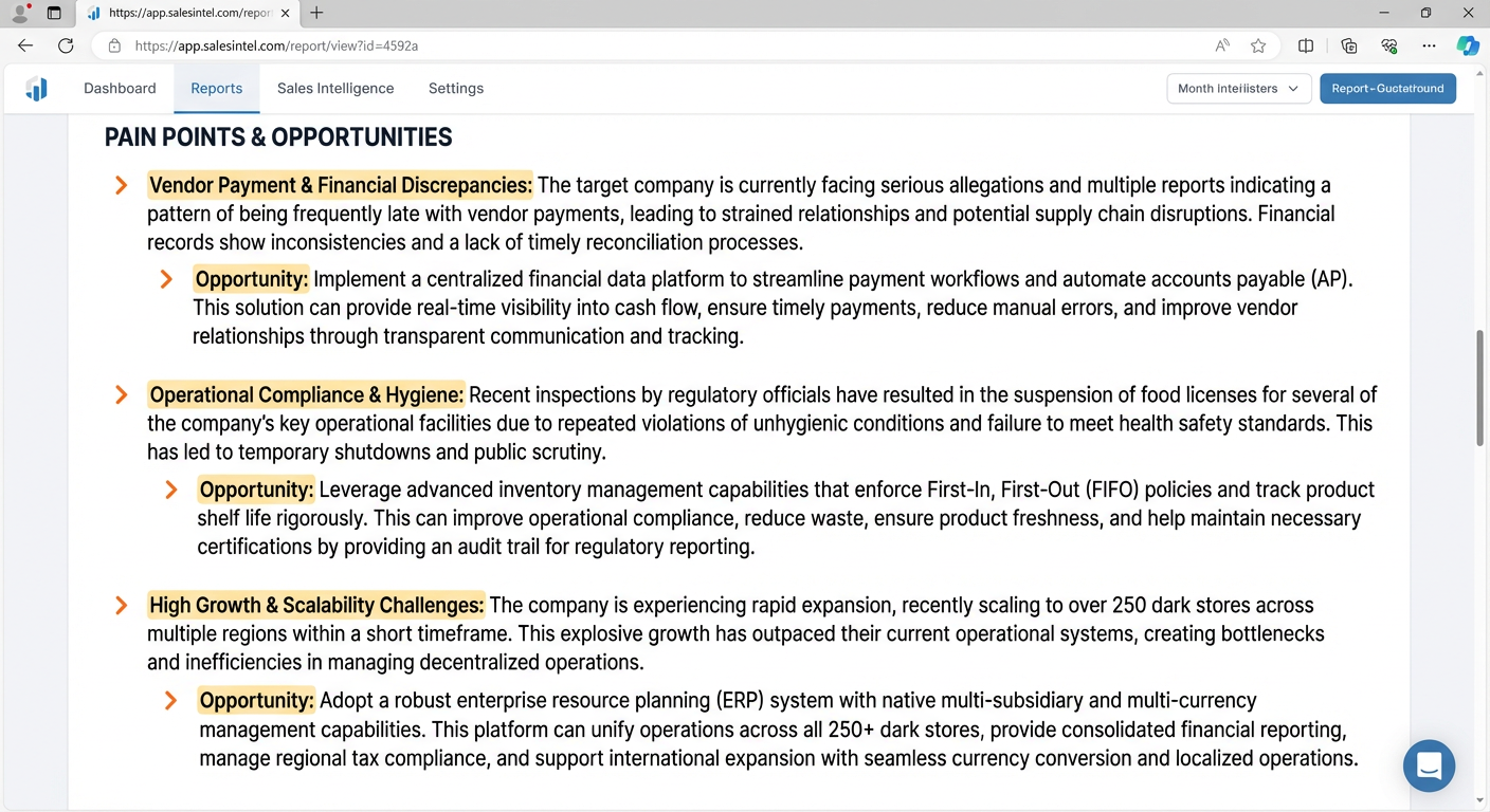 DealIntel sample report showing Pain Points and Opportunities analysis with actionable insights